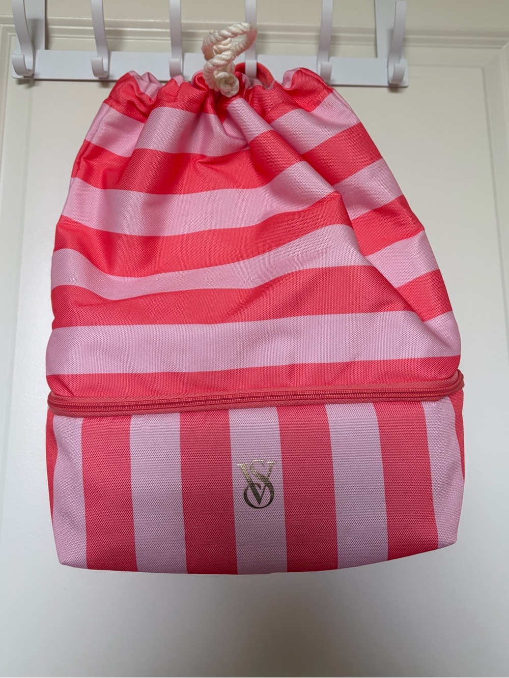 Victoria's Secret- Pink & Coral Striped Drawstring Beach Backpack